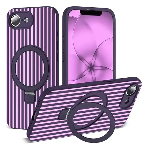 SKYLMW Compatible with iPhone 17E Case with Magnetic Invisible Stand [Compatible with Mag-Safe][Cute Aesthetic Striped Pattern] Silicone 17E Phone Case for Women Men 6.1