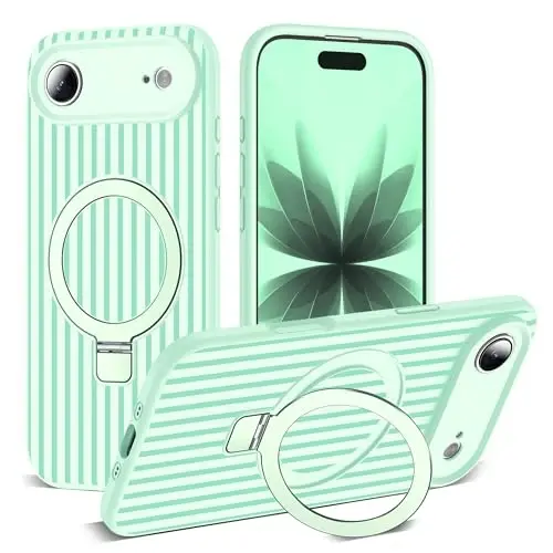 SKYLMW Magnetic Invisible Stand-ga ega iPhone Air G‘ilofiga mos keladi [Mag-Safe bilan mos keladi][Yoqimli Estetik Chiziqli Naqsh] Ayollar va Erkaklar uchun Silikon 17 Air Telefon G‘ilofi 6.5 dyuym, To‘q Yashil/Yalpiz Yashil 
