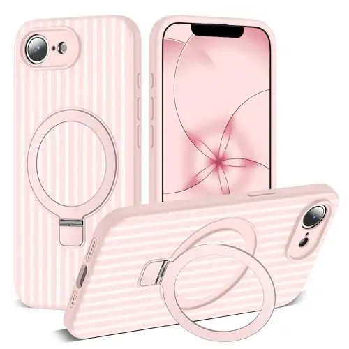 SKYLMW Magnetic Invisible Stand-li iPhone 17E Chexolli [Mag-Safe Bilan Mos][Yoqimli Estetik Chiziqli Naqsh] Ayollar va Erkaklar uchun Silikon 17E Telefon G‘ilofi 6.1