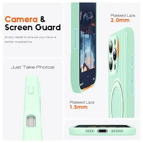SKYLMW Magnitli Ko'rinmas Tayanchli iPhone 16 Pro G'ilofiga mos keladi [Mag-Safe bilan mos keladi] [Yoqimli Estetik Chiziqli Naqsh] Ayollar va Erkaklar uchun Silikon 16 Pro Telefon G'ilofi 6.3 dyuymli, To'q Yashil/Yalpiz Yashil - 4