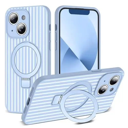 SKYLMW Compatible with iPhone 13 Case with Magnetic Invisible Stand [Compatible with Mag-Safe][Cute Aesthetic Striped Pattern] Silicone 13 Phone Case for Women Men 6.1