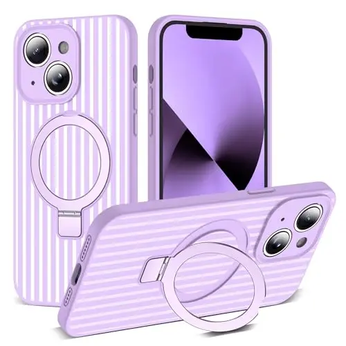 SKYLMW Compatible with iPhone 13 Case with Magnetic Invisible Stand [Compatible with Mag-Safe][Cute Aesthetic Striped Pattern] Silicone 13 Phone Case for Women Men 6.1