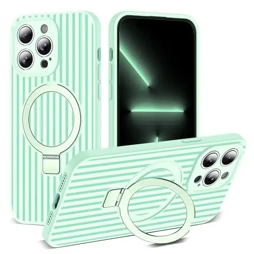 SKYLMW Compatible with iPhone 13 Pro Max Case with Magnetic Invisible Stand[Compatible with Mag-Safe][Cute Aesthetic Striped Pattern] Silicone 13 Pro Max Case for Women Men 6.7