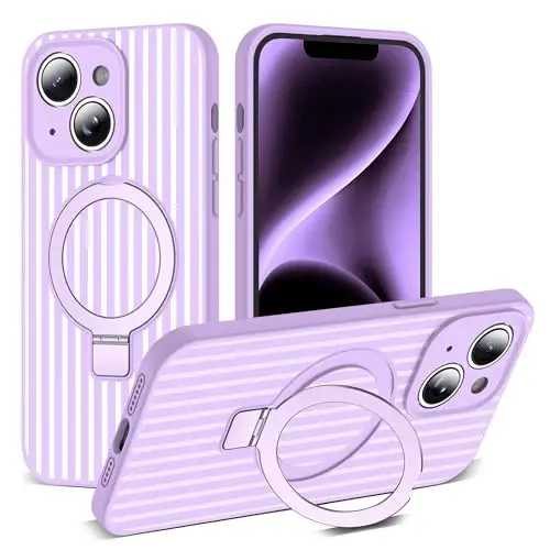 SKYLMW Compatible with iPhone 14 Case with Magnetic Invisible Stand [Compatible with Mag-Safe][Cute Aesthetic Striped Pattern] Silicone 14 Phone Case for Women Men 6.1