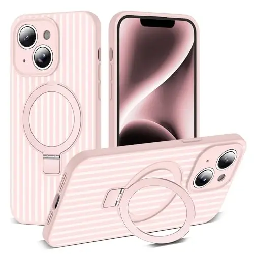 SKYLMW Compatible with iPhone 14 Case with Magnetic Invisible Stand [Compatible with Mag-Safe][Cute Aesthetic Striped Pattern] Silicone 14 Phone Case for Women Men 6.1