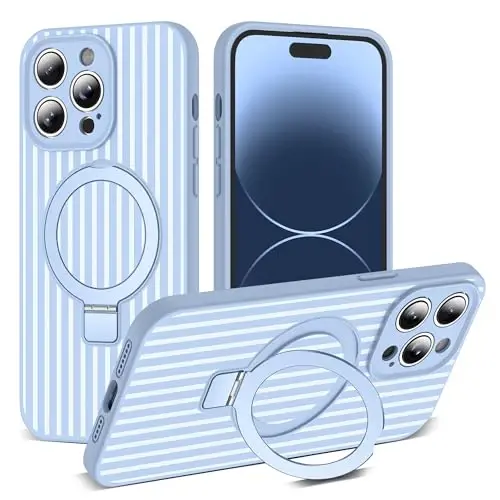 SKYLMW Compatible with iPhone 14 Pro Case with Magnetic Invisible Stand [Compatible with Mag-Safe][Cute Aesthetic Striped Pattern] Silicone 14 Pro Phone Case for Women Men 6.1