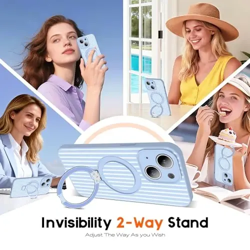 SKYLMW Compatible with iPhone 15 Case with Magnetic Invisible Stand [Compatible with Mag-Safe][Cute Aesthetic Striped Pattern] Silicone 15 Phone Case for Women Men 6.1