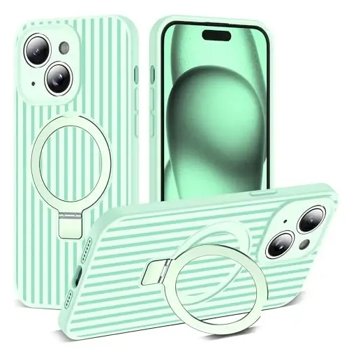 SKYLMW Compatible with iPhone 15 Case with Magnetic Invisible Stand [Compatible with Mag-Safe][Cute Aesthetic Striped Pattern] Silicone 15 Phone Case for Women Men 6.1