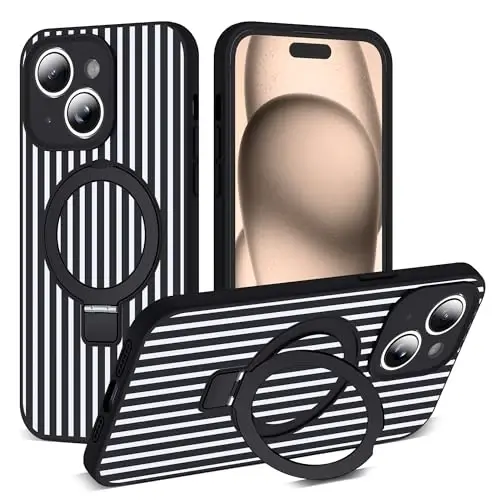SKYLMW Compatible with iPhone 15 Plus Case with Magnetic Invisible Stand [Compatible with Mag-Safe][Cute Aesthetic Striped Pattern] Silicone 15 Plus Phone Case for Women Men 6.7