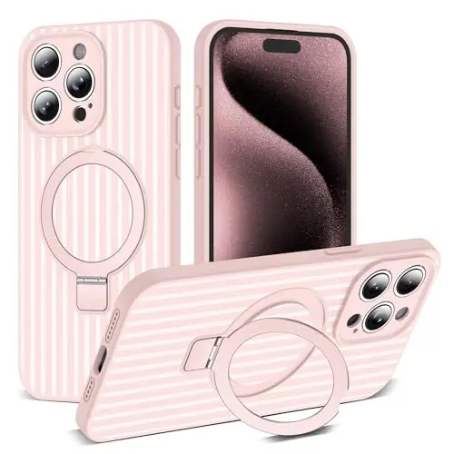 SKYLMW Compatible with iPhone 15 Pro Case with Magnetic Invisible Stand [Compatible with Mag-Safe][Cute Aesthetic Striped Pattern] Silicone 15 Pro Phone Case for Women Men 6.1