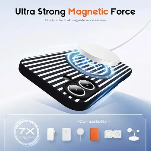 SKYLMW Compatible with iPhone 16 Case with Magnetic Invisible Stand [Compatible with Mag-Safe][Cute Aesthetic Striped Pattern] Silicone 16 Phone Case for Women Men 6.1
