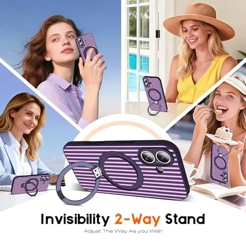 SKYLMW Compatible with iPhone 16 Case with Magnetic Invisible Stand [Compatible with Mag-Safe][Cute Aesthetic Striped Pattern] Silicone 16 Phone Case for Women Men 6.1