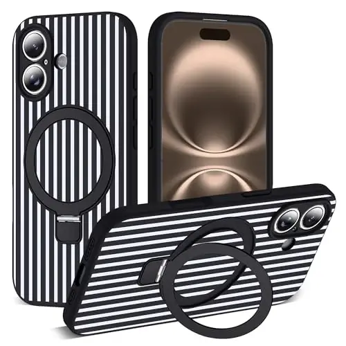 SKYLMW Compatible with iPhone 16 Plus Case with Magnetic Invisible Stand [Compatible with Mag-Safe][Cute Aesthetic Striped Pattern] Silicone 16 Plus Phone Case for Women Men 6.7