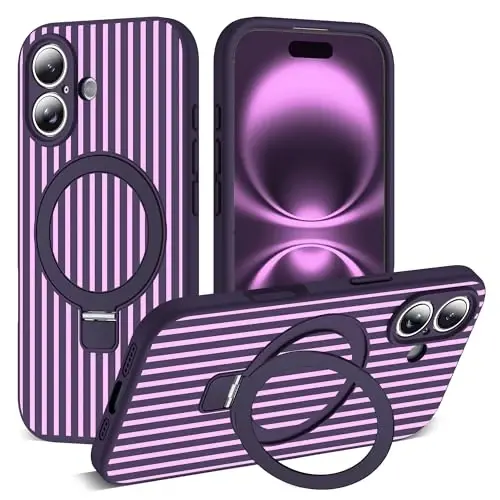 SKYLMW Compatible with iPhone 16 Plus Case with Magnetic Invisible Stand [Compatible with Mag-Safe][Cute Aesthetic Striped Pattern] Silicone 16 Plus Phone Case for Women Men 6.7