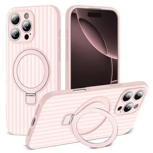 SKYLMW Compatible with iPhone 16 Pro Case with Magnetic Invisible Stand [Compatible with Mag-Safe][Cute Aesthetic Striped Pattern] Silicone 16 Pro Phone Case for Women Men 6.3