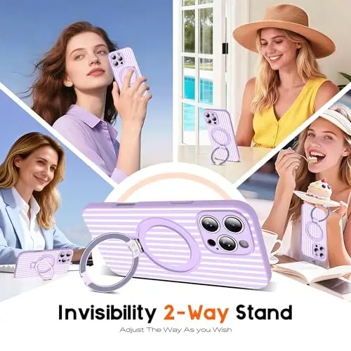 SKYLMW Compatible with iPhone 16 Pro Max Case with Magnetic Invisible Stand [Compatible with Mag-Safe][Cute Aesthetic Striped Pattern] Silicone 16 Pro Max Case for Women Men 6.9