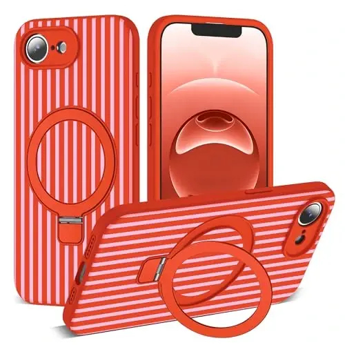 SKYLMW Compatible with iPhone 16E Case with Magnetic Invisible Stand [Compatible with Mag-Safe][Cute Aesthetic Striped Pattern] Silicone 16E Phone Case for Women Men 6.1