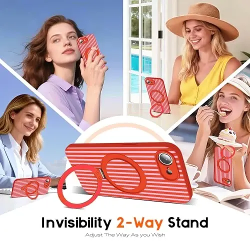 SKYLMW Compatible with iPhone 16E Case with Magnetic Invisible Stand [Compatible with Mag-Safe][Cute Aesthetic Striped Pattern] Silicone 16E Phone Case for Women Men 6.1