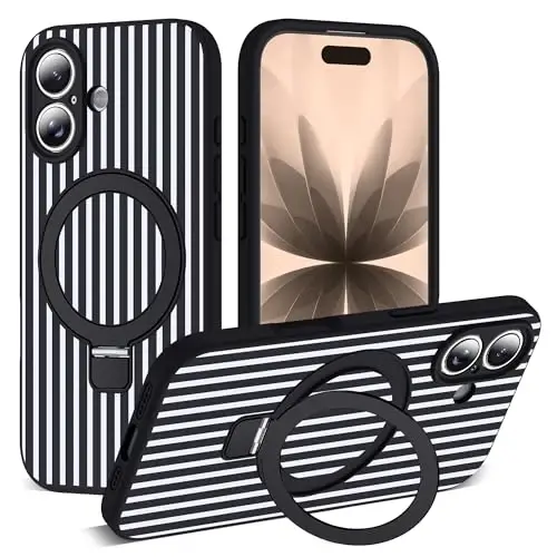 SKYLMW Compatible with iPhone 17 Case with Magnetic Invisible Stand [Compatible with Mag-Safe][Cute Aesthetic Striped Pattern] Silicone 17 Phone Case for Women Men 6.3