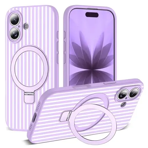 SKYLMW Compatible with iPhone 17 Case with Magnetic Invisible Stand [Compatible with Mag-Safe][Cute Aesthetic Striped Pattern] Silicone 17 Phone Case for Women Men 6.3