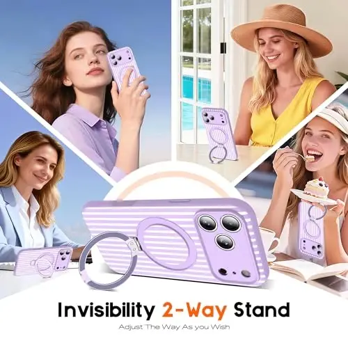 SKYLMW Compatible with iPhone 17 Pro Case with Magnetic Invisible Stand [Compatible with Mag-Safe][Cute Aesthetic Striped Pattern] Silicone 17 Pro Phone Case for Women Men 6.3