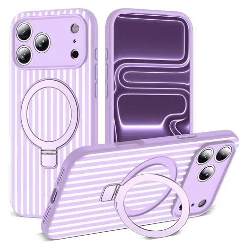 SKYLMW Compatible with iPhone 17 Pro Max Case with Magnetic Invisible Stand [Compatible with Mag-Safe][Cute Aesthetic Striped Pattern] Silicone 17 Pro Max Case for Women Men 6.9