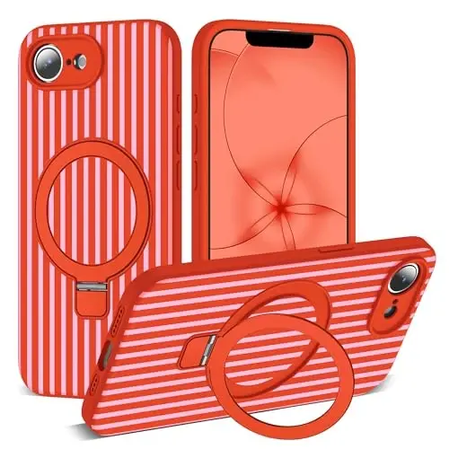 SKYLMW Compatible with iPhone 17E Case with Magnetic Invisible Stand [Compatible with Mag-Safe][Cute Aesthetic Striped Pattern] Silicone 17E Phone Case for Women Men 6.1