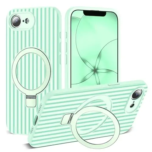SKYLMW Compatible with iPhone 17E Case with Magnetic Invisible Stand [Compatible with Mag-Safe][Cute Aesthetic Striped Pattern] Silicone 17E Phone Case for Women Men 6.1