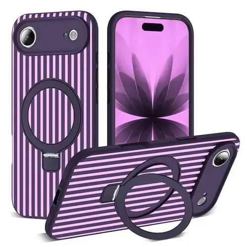 SKYLMW Compatible with iPhone Air Case with Magnetic Invisible Stand [Compatible with Mag-Safe][Cute Aesthetic Striped Pattern] Silicone 17 Air Phone Case for Women Men 6.5