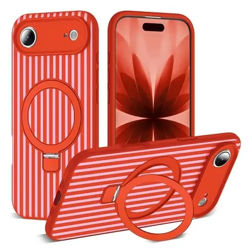 SKYLMW Compatible with iPhone Air Case with Magnetic Invisible Stand [Compatible with Mag-Safe][Cute Aesthetic Striped Pattern] Silicone 17 Air Phone Case for Women Men 6.5