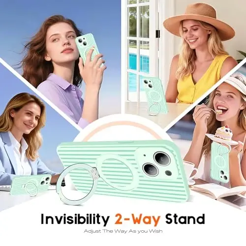 SKYLMW Compatible with iPhone 14 Case with Magnetic Invisible Stand [Compatible with Mag-Safe][Cute Aesthetic Striped Pattern] Silicone 14 Phone Case for Women Men 6.1
