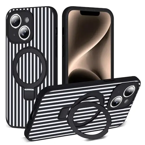 SKYLMW Compatible with iPhone 14 Plus Case with Magnetic Invisible Stand [Compatible with Mag-Safe][Cute Aesthetic Striped Pattern] Silicone 14 Plus Phone Case for Women Men 6.7