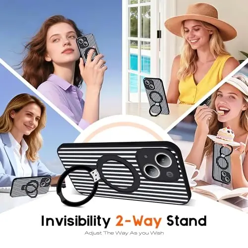 SKYLMW Compatible with iPhone 14 Plus Case with Magnetic Invisible Stand [Compatible with Mag-Safe][Cute Aesthetic Striped Pattern] Silicone 14 Plus Phone Case for Women Men 6.7
