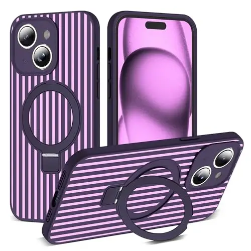 SKYLMW Compatible with iPhone 15 Case with Magnetic Invisible Stand [Compatible with Mag-Safe][Cute Aesthetic Striped Pattern] Silicone 15 Phone Case for Women Men 6.1