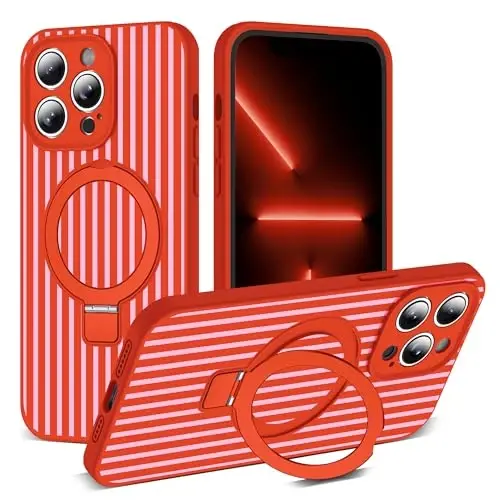 SKYLMW Совместим с чехлом для iPhone 13 Pro Max с магнитной невидимой подставкой [Совместим с Mag-Safe] [Милый эстетичный полосатый узор] Силиконовый чехол для телефона 13 Pro Max для женщин и мужчин, 6,7 дюйма, красный/розовый - SKYLMW