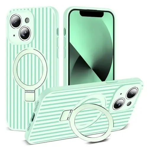 SKYLMW Совместим с чехлом для iPhone 13 с магнитной невидимой подставкой [Совместимость с Mag-Safe] [Милый эстетичный полосатый узор] Силиконовый чехол для телефона 13 для женщин и мужчин 6,1 дюйма, темно-зеленый/мятно-зеленый - SKYLMW