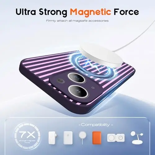 SKYLMW Совместим с чехлом для iPhone 14 Plus с магнитной невидимой подставкой [Совместимость с Mag-Safe] [Милый эстетичный полосатый узор] Силиконовый чехол для телефона 14 Plus для женщин и мужчин 6,7 дюйма, фиолетовый/розовый - 3