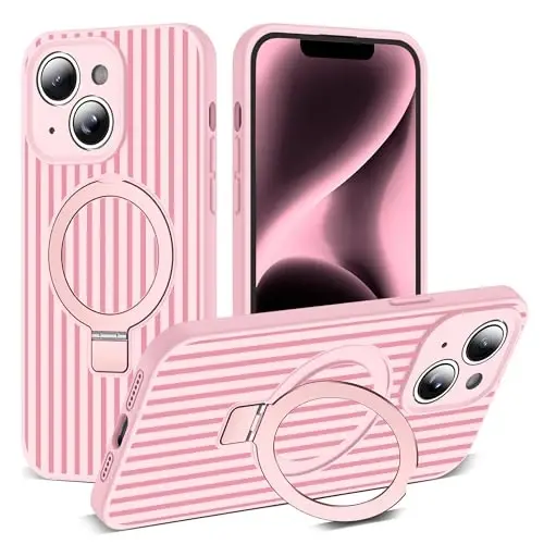 SKYLMW Совместим с чехлом для iPhone 14 Plus с магнитной невидимой подставкой [Совместимость с Mag-Safe] [Милый эстетичный полосатый узор] Силиконовый чехол для телефона 14 Plus для женщин и мужчин 6,7 дюйма, розовый/вишнево-красный - 1