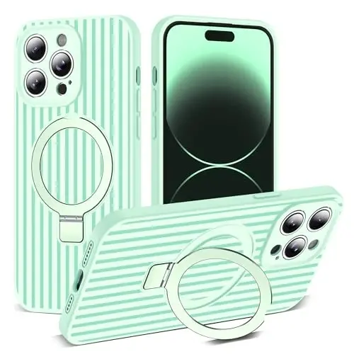 SKYLMW Совместим с чехлом для iPhone 14 Pro с магнитной невидимой подставкой [Совместимость с Mag-Safe] [Милый эстетичный полосатый узор] Силиконовый чехол для телефона 14 Pro для женщин и мужчин 6,1 дюйма, темно-зеленый/мятно-зеленый 
