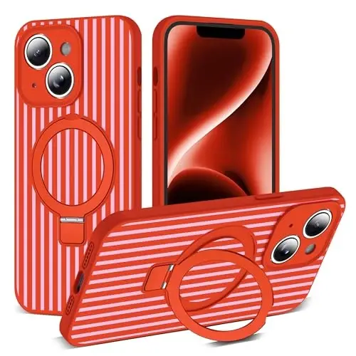 SKYLMW Совместим с чехлом для iPhone 14 с магнитной невидимой подставкой [Совместим с Mag-Safe] [Милый эстетичный полосатый узор] Силиконовый чехол для телефона 14 для женщин и мужчин 6,1 дюйма, красный/розовый 
