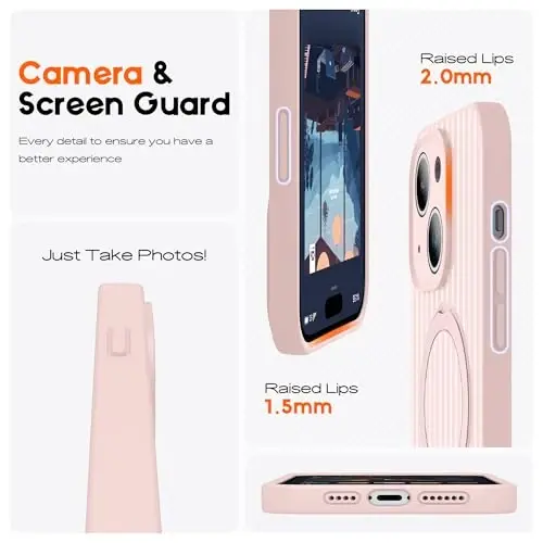 SKYLMW Совместим с чехлом для iPhone 14 с магнитной невидимой подставкой [Совместимость с Mag-Safe] [Милый эстетичный полосатый узор] Силиконовый чехол для телефона 14 для женщин и мужчин 6,1 дюйма, розовый/белый - 4