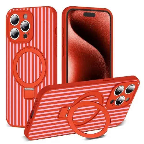 SKYLMW Совместим с чехлом для iPhone 15 Pro Max с магнитной невидимой подставкой [Совместимость с Mag-Safe] [Милый эстетичный полосатый узор] Силиконовый чехол для телефона 15 Pro Max для женщин и мужчин, 6,7 дюйма, красный/розовый 
