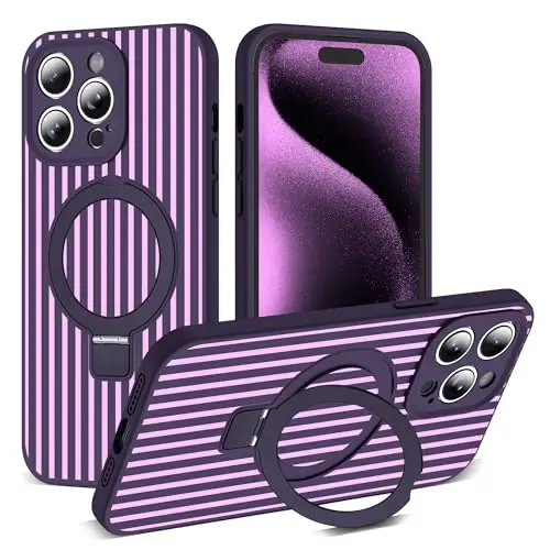 SKYLMW Совместим с чехлом для iPhone 15 Pro с магнитной невидимой подставкой [Совместимо с Mag-Safe] [Милый эстетичный полосатый узор] Силиконовый чехол для телефона 15 Pro для женщин и мужчин 6,1 дюйма, фиолетовый/розовый - 1