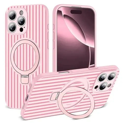 SKYLMW Совместим с чехлом для iPhone 16 Pro Max с магнитной невидимой подставкой [Совместим с Mag-Safe] [Милый эстетичный полосатый узор] Силиконовый чехол для 16 Pro Max для женщин и мужчин 6,9 дюйма, розовый/вишнево-красный - 1