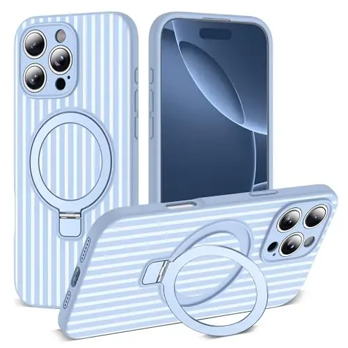 SKYLMW Совместим с чехлом для iPhone 16 Pro Max с магнитной невидимой подставкой [Совместимо с Mag-Safe] [Милый эстетичный полосатый узор] Силиконовый чехол для телефона 16 Pro Max для женщин и мужчин 6,9 дюйма, синий/белый 