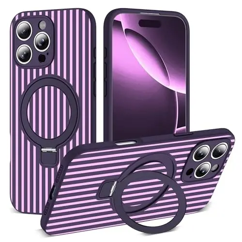 SKYLMW Совместим с чехлом для iPhone 16 Pro с магнитной невидимой подставкой [Совместим с Mag-Safe] [Милый эстетичный полосатый узор] Силиконовый чехол для телефона 16 Pro для женщин и мужчин 6,3 дюйма, фиолетовый/розовый - 1