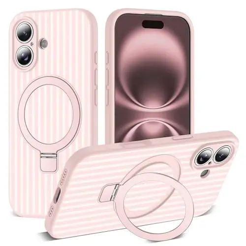 SKYLMW Совместим с чехлом для iPhone 16 с магнитной невидимой подставкой [Совместим с Mag-Safe] [Милый эстетичный полосатый узор] Силиконовый чехол для телефона 16 для женщин и мужчин 6,1 дюйма, розовый/белый 