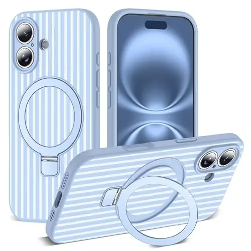 SKYLMW Совместим с чехлом для iPhone 16 с магнитной невидимой подставкой [Совместимо с Mag-Safe][Милый эстетичный полосатый узор] Силиконовый чехол для телефона 16 для женщин и мужчин 6.1
