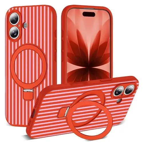 SKYLMW Совместим с чехлом для iPhone 17 с магнитной невидимой подставкой [Совместимо с Mag-Safe] [Милый эстетичный полосатый узор] Силиконовый чехол для телефона 17 для женщин и мужчин 6,3 дюйма, красный/розовый 