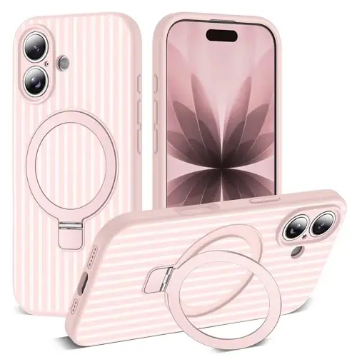 SKYLMW Совместим с чехлом для iPhone 17 с магнитной невидимой подставкой [Совместимость с Mag-Safe][Милый эстетичный полосатый узор] Силиконовый чехол для телефона 17 для женщин и мужчин 6,3 дюйма, розовый/белый 